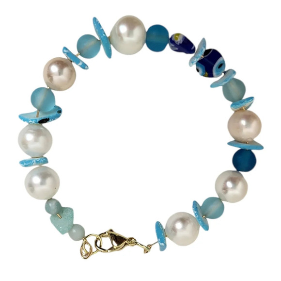 14K Gold Plated Freshwater Pearl Seaglass Bracelet - Picture 2 of 4